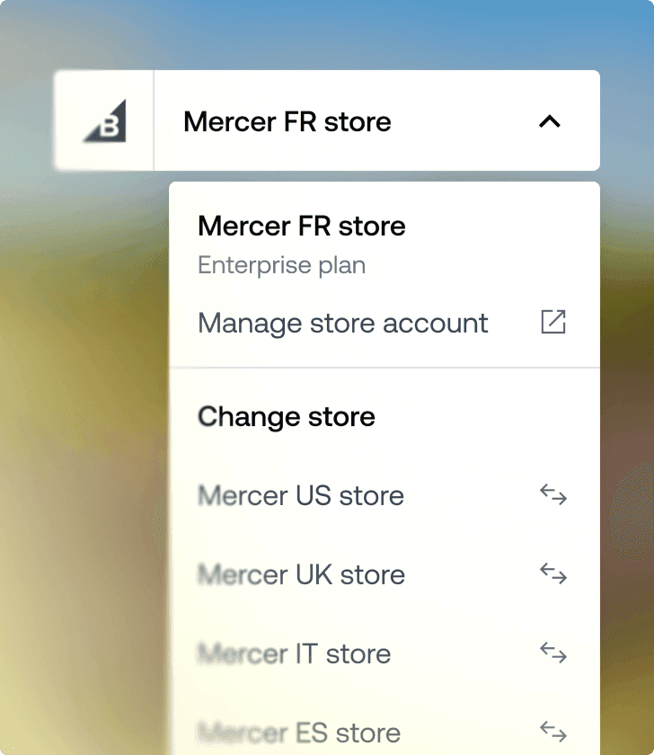 Dropdown-Menü zur Auswahl mehrerer Shops mit Anzeige des Shops „Mercer FR“ und Optionen zum Wechseln internationaler Shops.