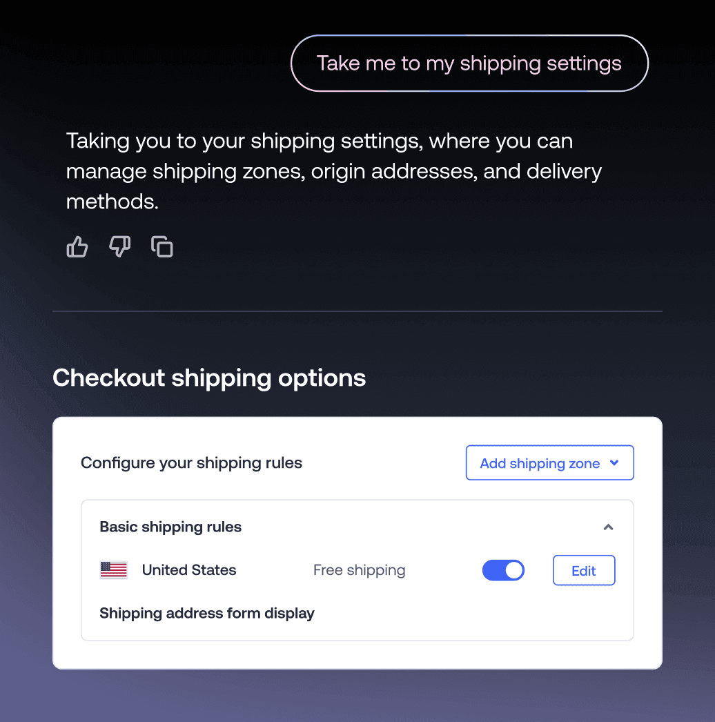 Bedienfeld für die Checkout-Versandoptionen mit grundlegenden Versandregeln und einem Schalter für den kostenlosen Versand in den USA