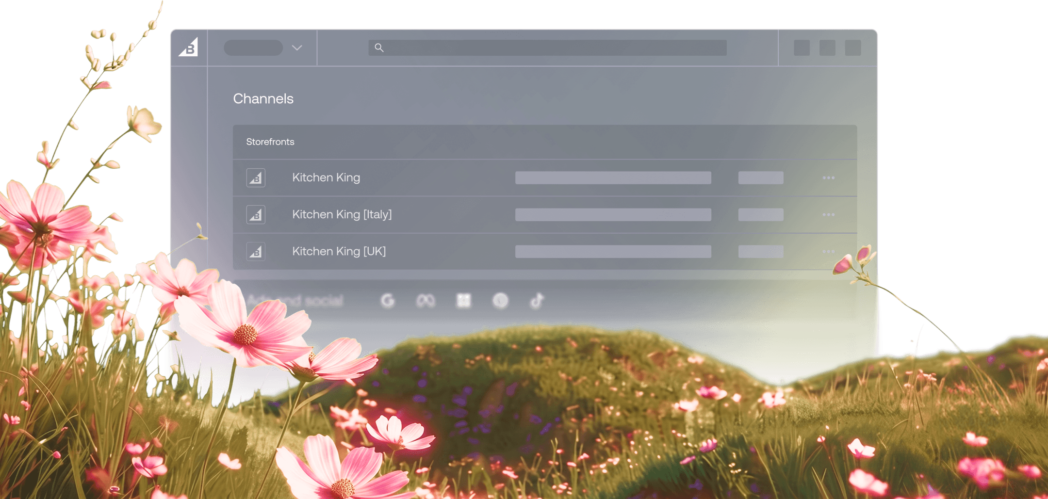 Dashboard zur Verwaltung von Storefront-Kanälen mit Auflistung regionaler Storefronts, einschließlich Kitchen King Italien und UK.