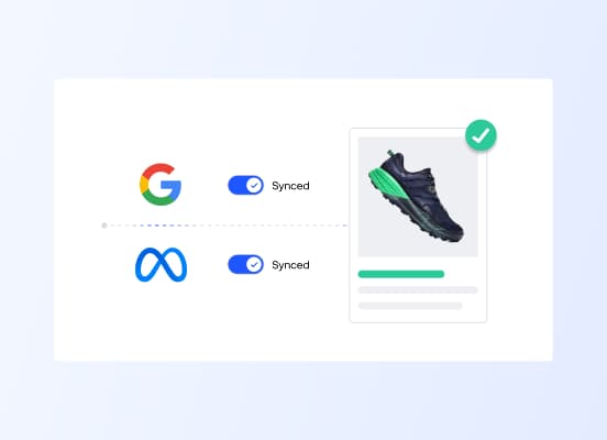 Eine Benutzeroberfläche, die ein Laufschuh-Produkt zeigt, das erfolgreich mit den Google- und Meta-Vertriebskanälen synchronisiert wurde.