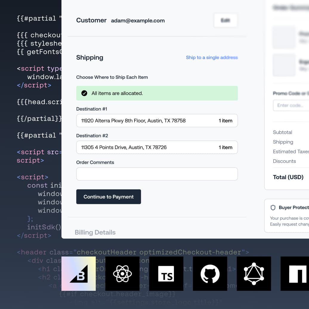 E-Commerce-Bezahlvorgang mit Anzeige von Lieferadressdetails für mehrere Ziele und Code-Hintergrund.