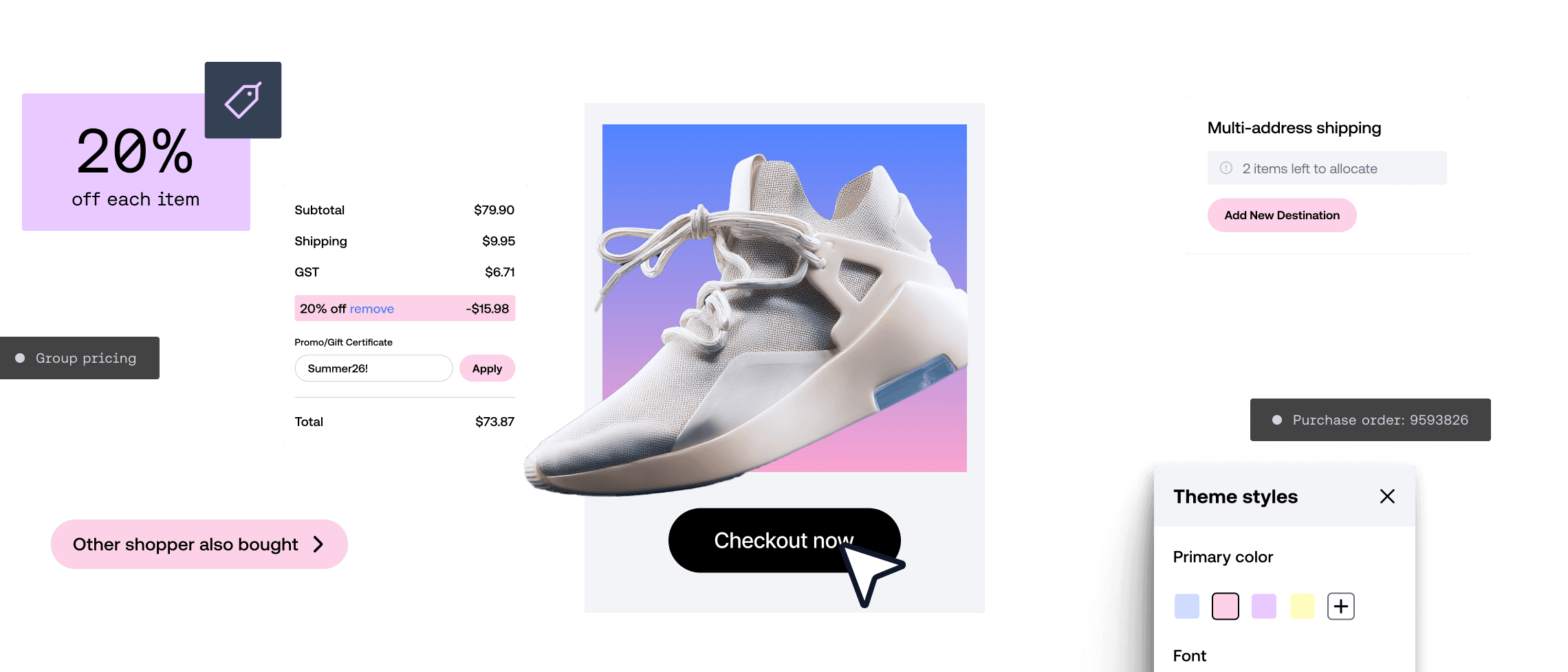 E-Commerce-Produktseite für den Bezahlvorgang mit einem weißen Sneaker, Details zum Rabattcode und Optionen für die Designfarbe.
