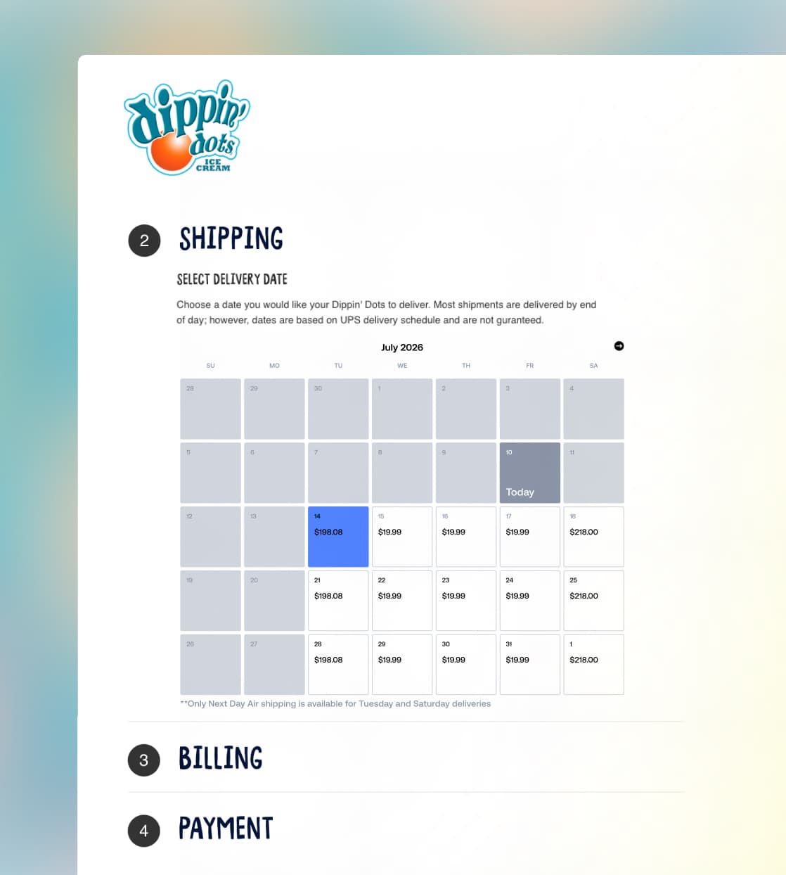 Dippin' Dots Online-Checkout-Bildschirm mit Versandkalender zur Auswahl des Liefertermins im Juli.