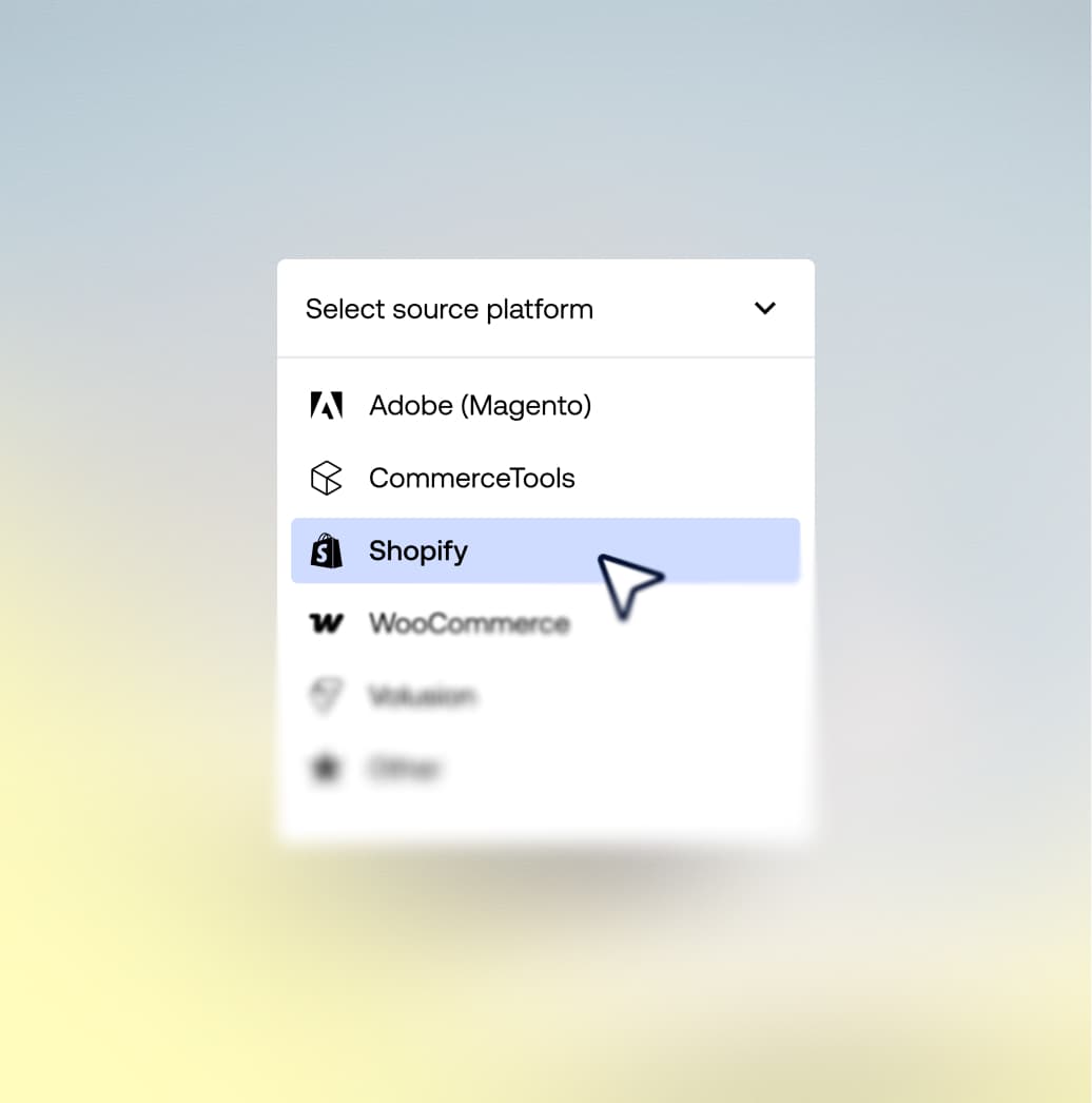 Dropdown-Menü zur Auswahl der Quellplattform während der Datenmigration mit hervorgehobenem Shopify
