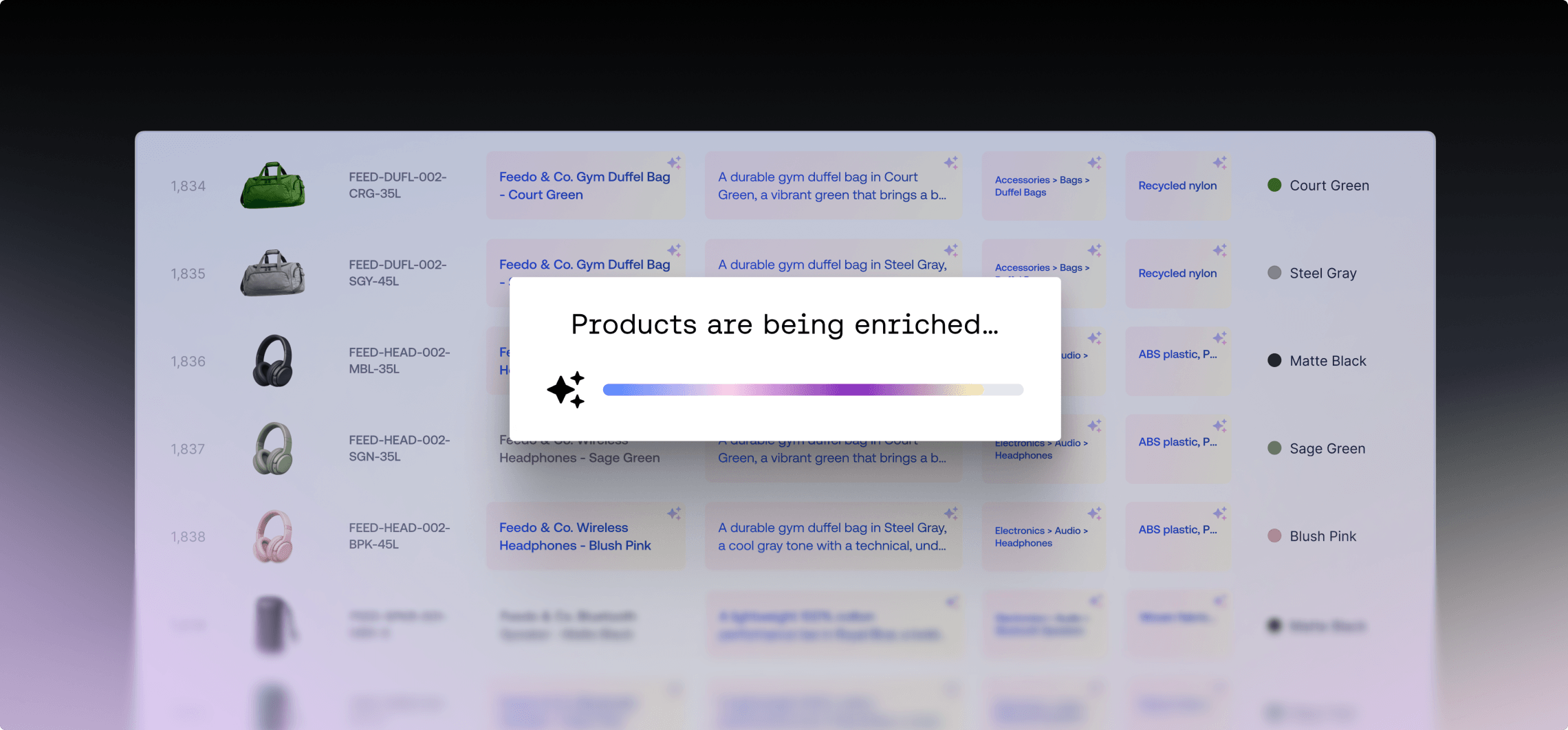 Dashboard für das E-Commerce-Katalogmanagement mit einer Ladeleiste mit der Aufschrift „Produkte werden angereichert“.