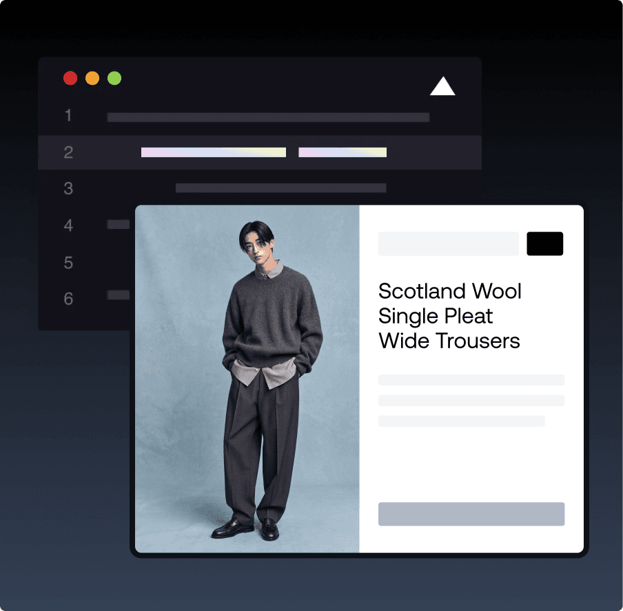 Web-UI für E-Commerce-Bekleidung zeigt die Produktkarte „Scotland Wool Wide Trousers“ mit Code-Elementen im Hintergrund