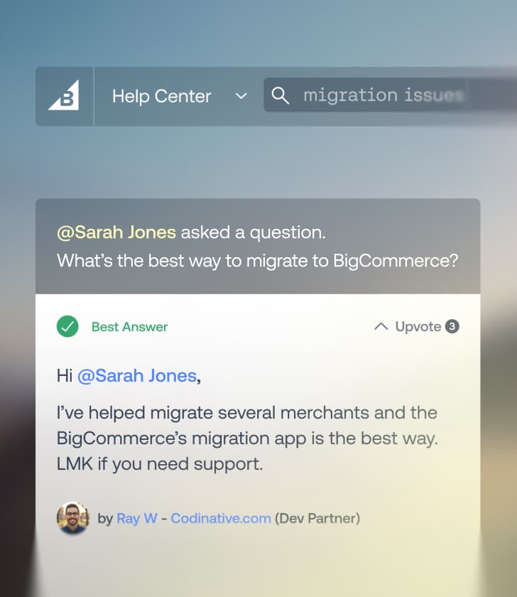 Forumsbeitrag im BigCommerce Help Center mit einer Frage zur Shop-Migration und einer verifizierten besten Antwort