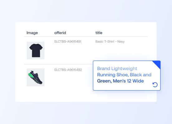Eine Benutzeroberfläche, die Produktdaten für ein T-Shirt und einen Laufschuh anzeigt, mit einem Pop-up, das einen optimierten Titel für den Laufschuh zeigt.