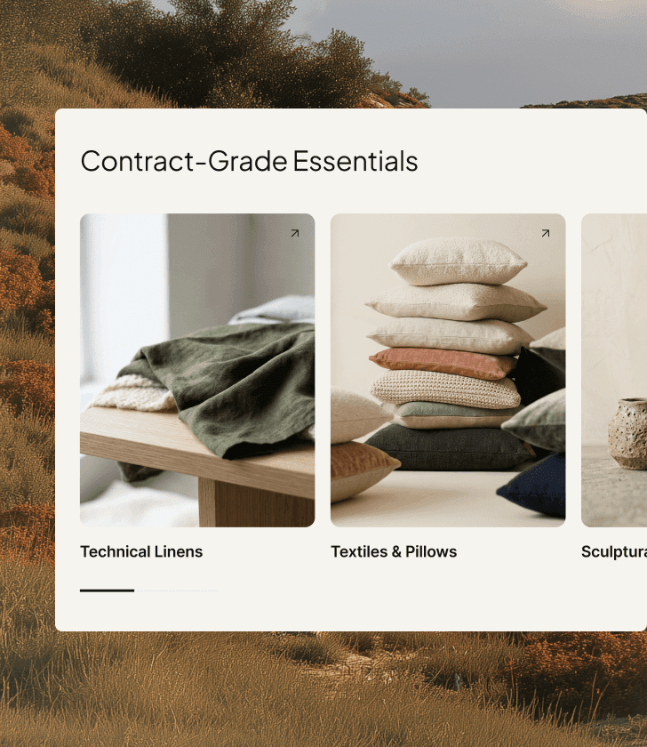 Kategorielayout für Contract-Grade Essentials mit Karten für technische Leinen, Textilien und Kissen.