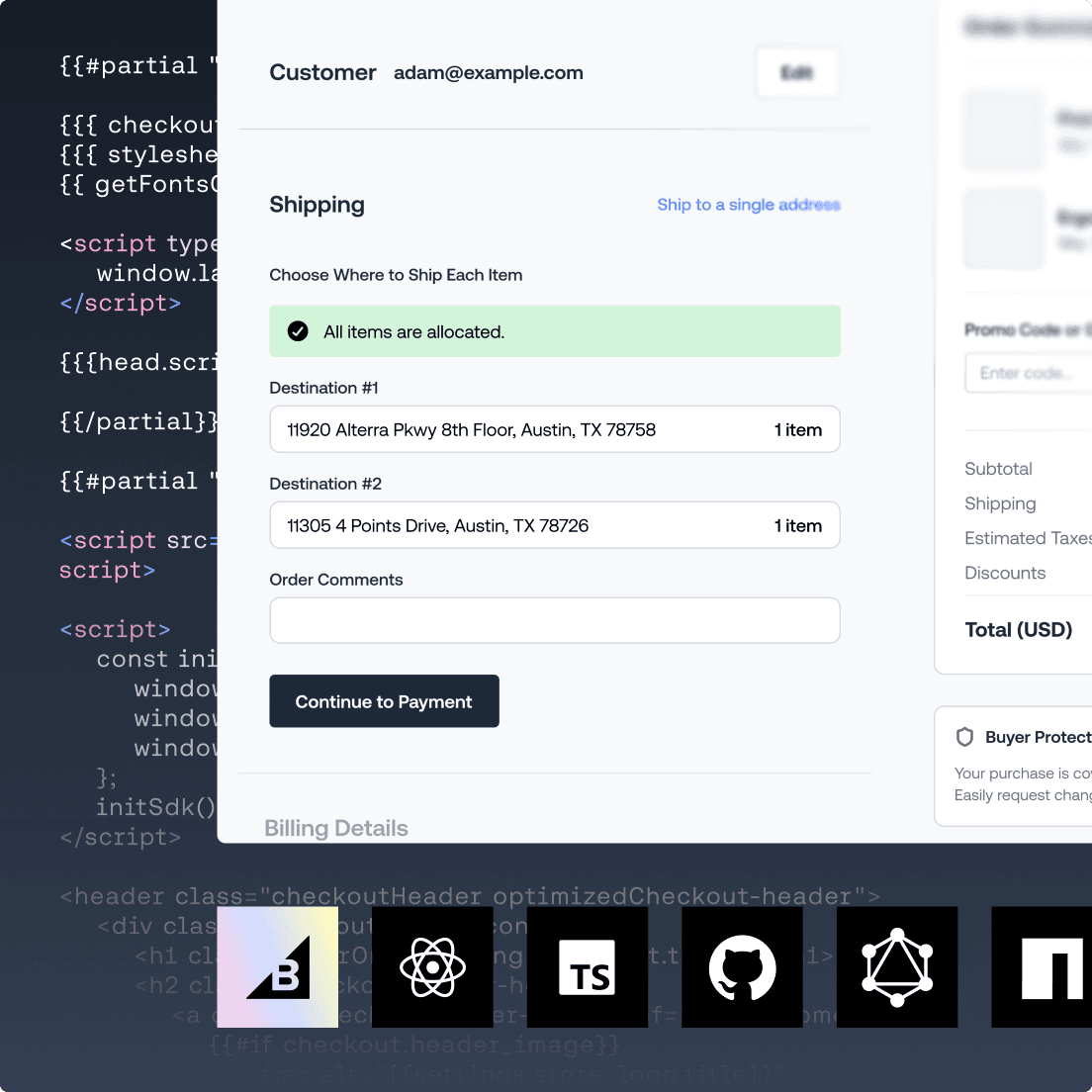 BigCommerce-Checkout-Ablauf mit Versanddetails für mehrere Adressen, Code-Overlay und Logos des Tech-Ökosystems