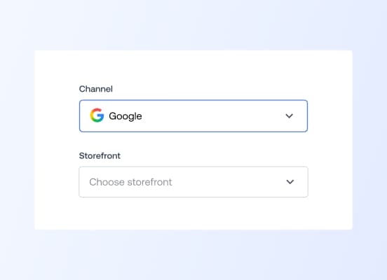 Eine Benutzeroberfläche, die ein Dropdown-Menü zur Auswahl eines E-Commerce-Kanals zeigt, wobei Google ausgewählt ist.