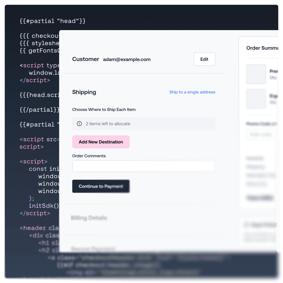 Modal der E-Commerce-Checkout-Oberfläche, das über dem zugrunde liegenden Code angezeigt wird.