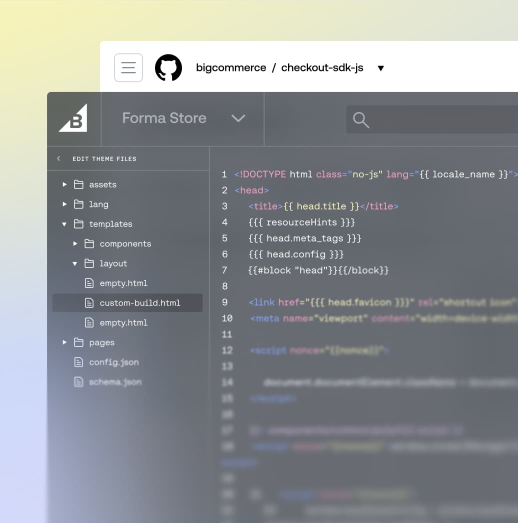 BigCommerce Checkout-SDK-Code-Editor, der HTML-Vorlagendateien und einen benutzerdefinierten Build-Verzeichnisbaum anzeigt.