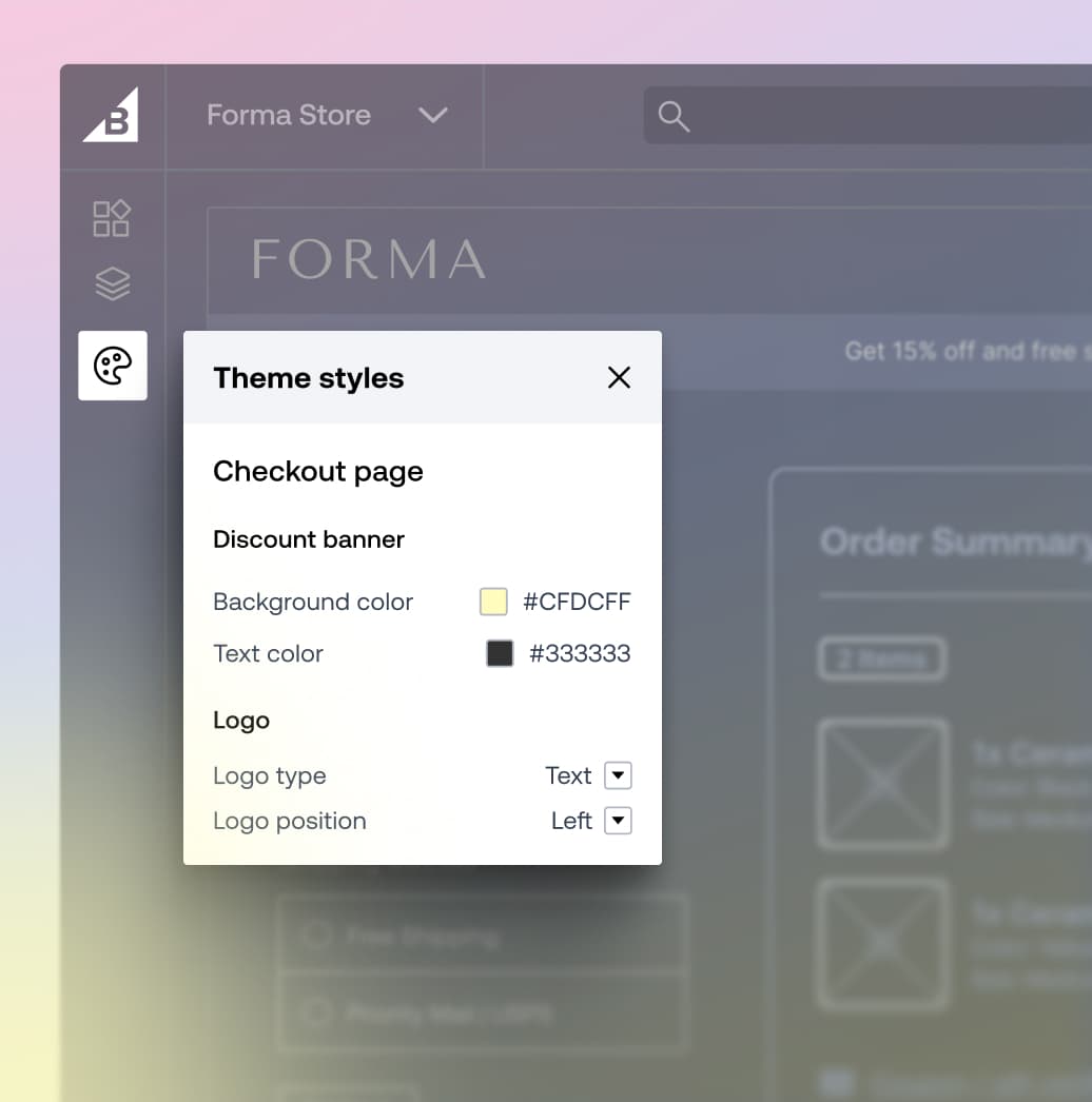 Stileinstellungen für Contentful-E-Commerce-Designs mit Anzeige der Hintergrund- und Textfarboptionen für ein Menü der Kaufabwicklungsseite.