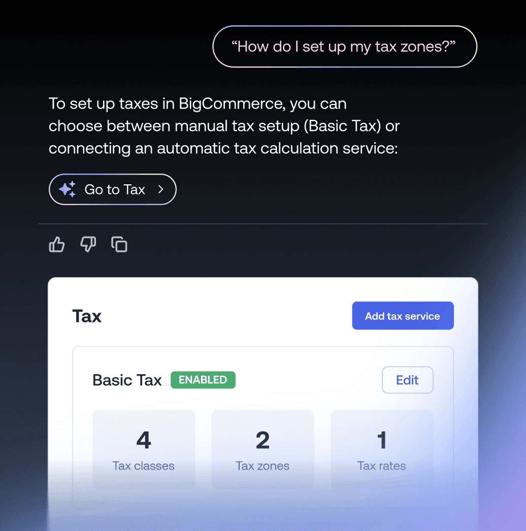 Chat-Bildschirm der BigCommerce-Steuerkonfiguration mit grundlegender Steuerkonfiguration sowie Steuerklassen und -zonen